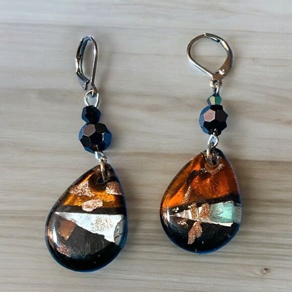 Dichroic Glass Dangle Pierced Earrings Browns Silver Tone Oval Artisan 2.25” - Picture 1 of 5